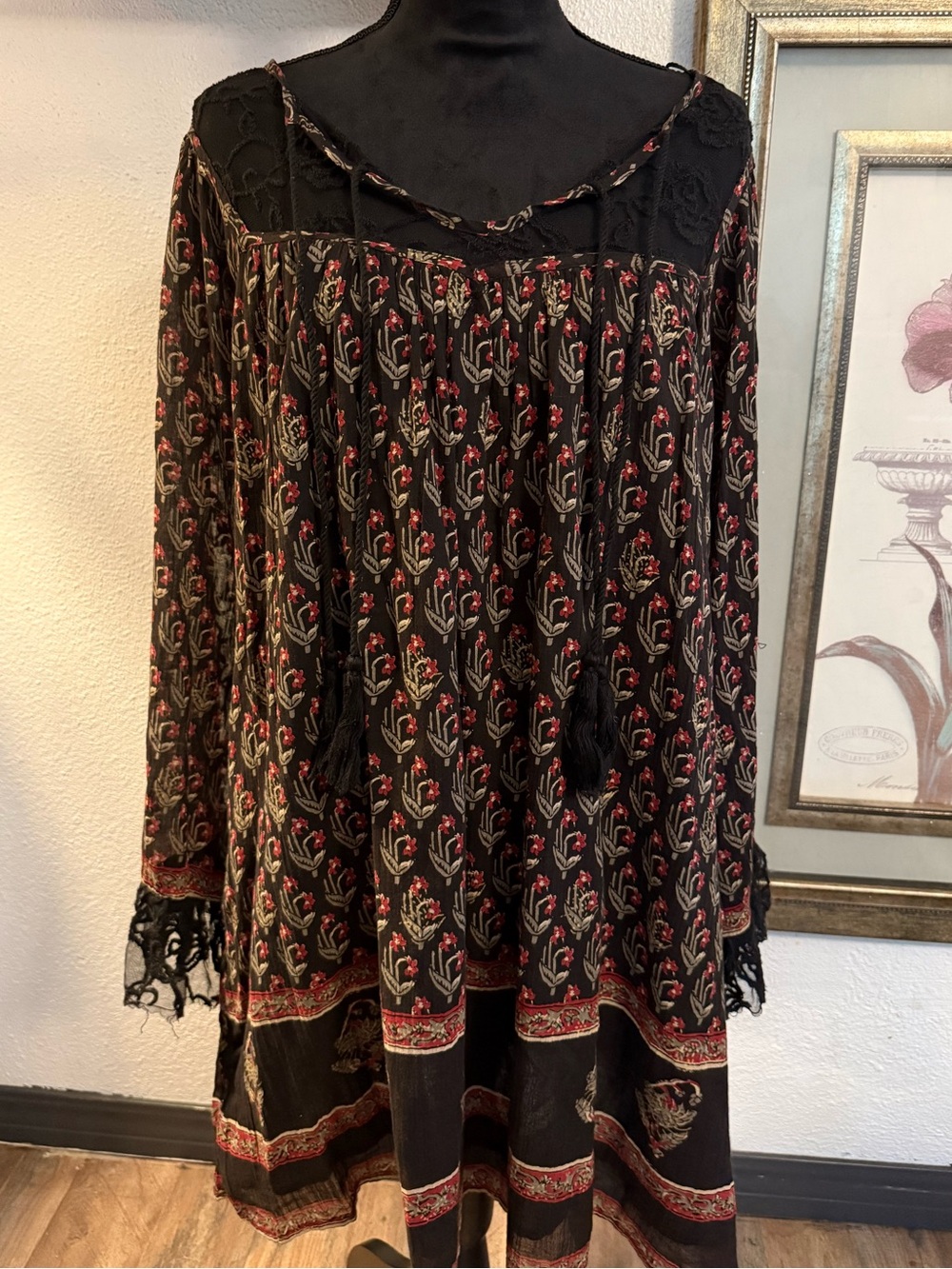 Free People Nomad Child Black Floral Lace Tunic Dress Boho Festival •Size M•